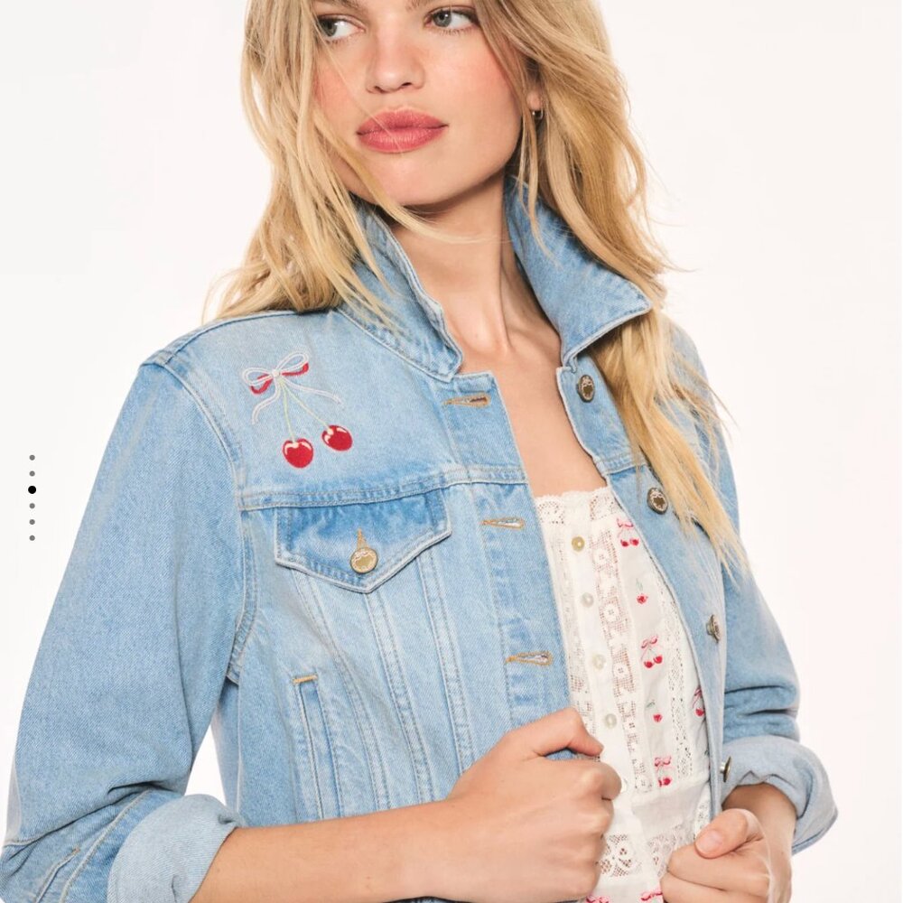 NWT LoveShackFancy Bardot Cherry Embroidered Denim Jacket Medium